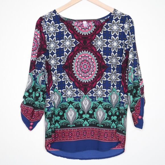 Alya Womens Blouse Medium Blue Purple Floral 3/4 Sleeve Peasantcore Boho Hippie‎ - Picture 1 of 7